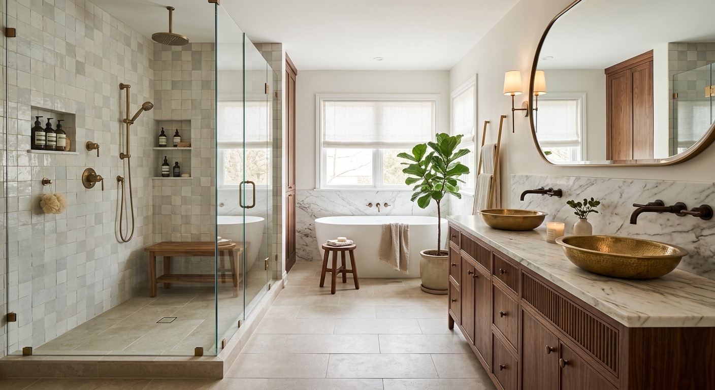 Updated bathroom with a vanity, shower, and contemporary fixtures