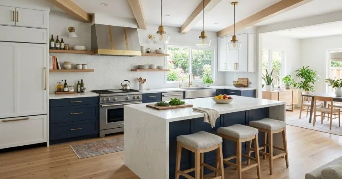 Bright remodeled kitchen with cabinets, island and updated finishes